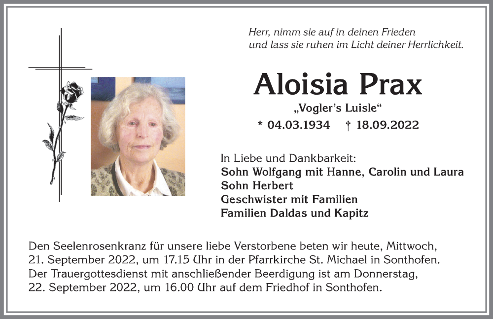  Traueranzeige für Aloisia Prax vom 21.09.2022 aus Allgäuer Anzeigeblatt