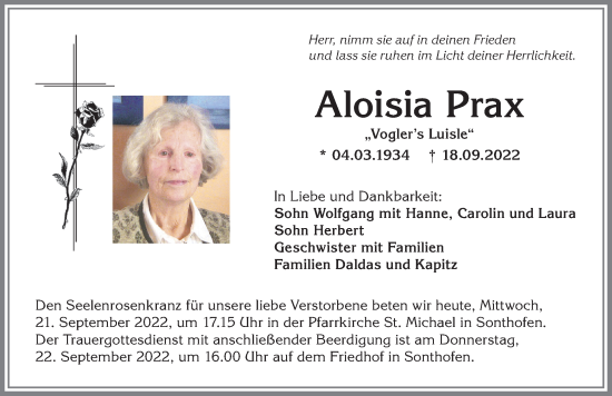 Traueranzeige von Aloisia Prax von Allgäuer Anzeigeblatt