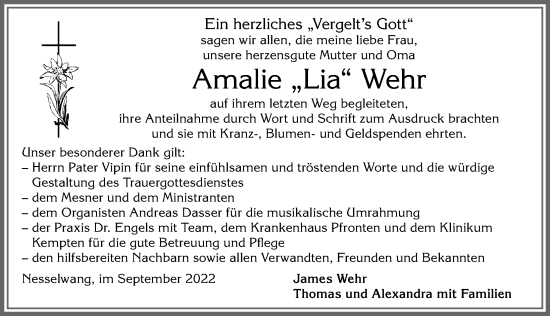 Traueranzeige von Amalie Wehr von Allgäuer Zeitung, Füssen