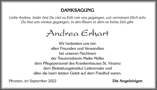 Traueranzeige von Andrea Erhart von Allgäuer Zeitung, Füssen