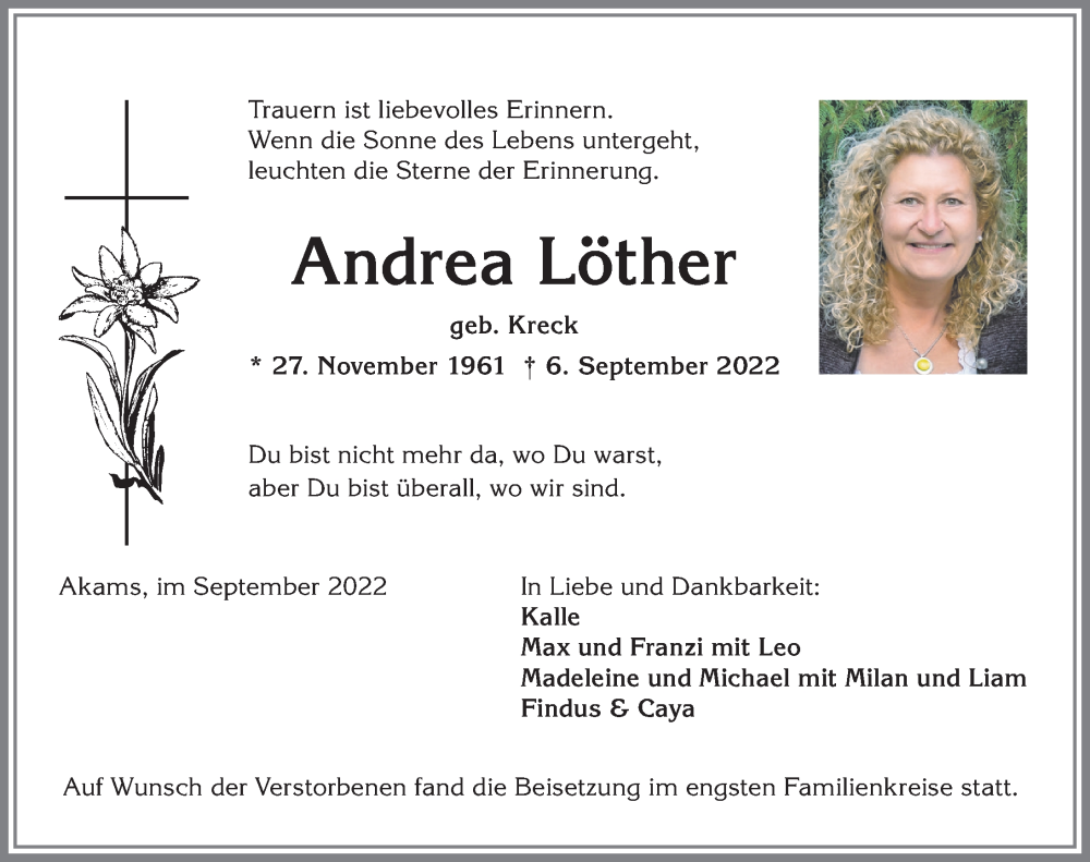  Traueranzeige für Andrea Löther vom 23.09.2022 aus Allgäuer Anzeigeblatt