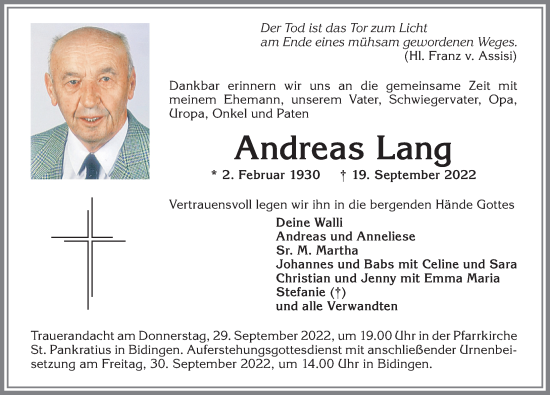 Traueranzeige von Andreas Lang von Allgäuer Zeitung, Marktoberdorf