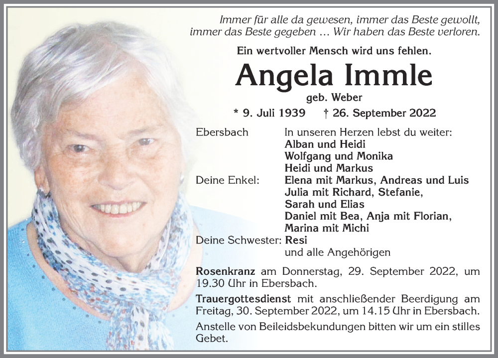  Traueranzeige für Angela Immle vom 28.09.2022 aus Allgäuer Zeitung, Marktoberdorf