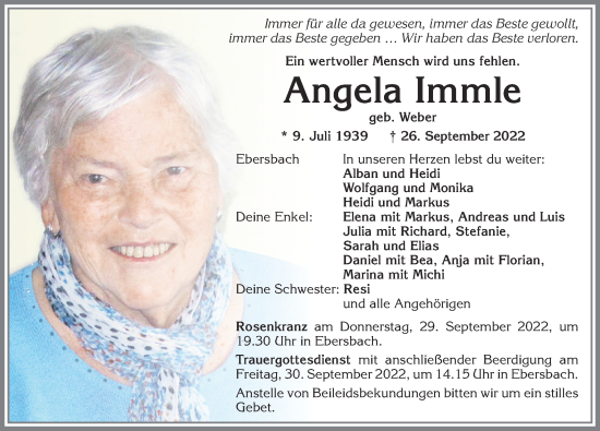 Traueranzeige von Angela Immle von Allgäuer Zeitung, Marktoberdorf