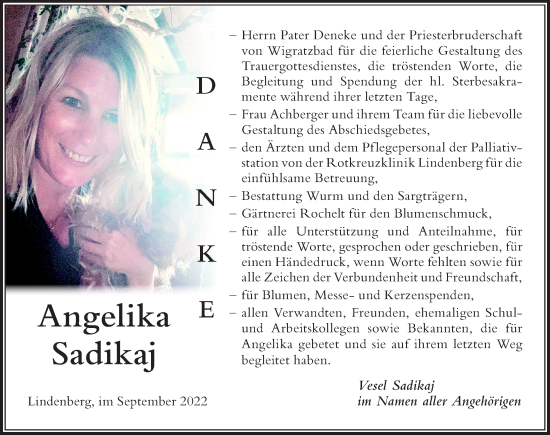 Traueranzeige von Angelika Sadikaj von Der Westallgäuer