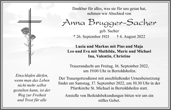 Traueranzeige von Anna Brugger-Sacher von Allgäuer Zeitung, Marktoberdorf