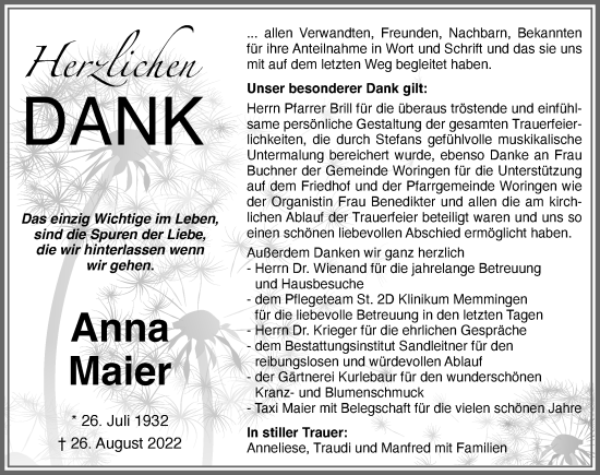 Traueranzeige von Anna Maier von Memminger Zeitung