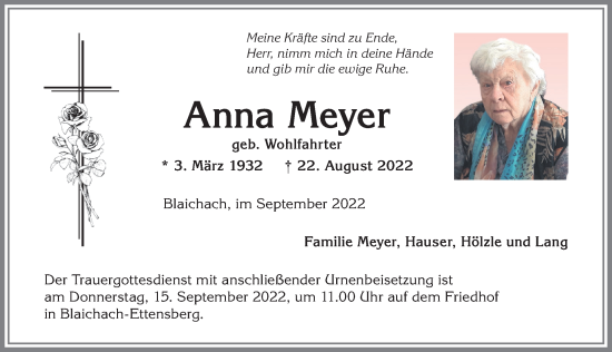 Traueranzeige von Anna Meyer von Allgäuer Anzeigeblatt