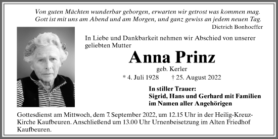 Traueranzeige von Anna Prinz von Allgäuer Zeitung, Kaufbeuren/Buchloe