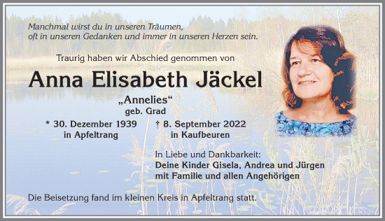 Traueranzeige von Anna Elisabeth Jäckel von Allgäuer Zeitung, Marktoberdorf