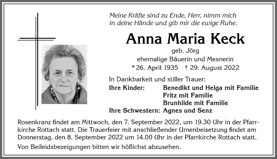 Traueranzeige von Anna Maria Keck von Allgäuer Anzeigeblatt