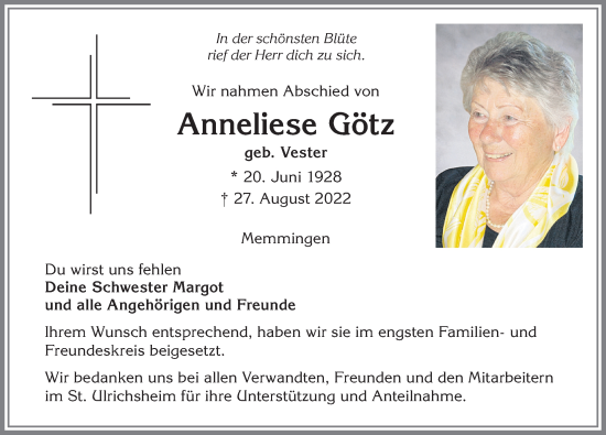 Traueranzeige von Anneliese Götz von Memminger Zeitung