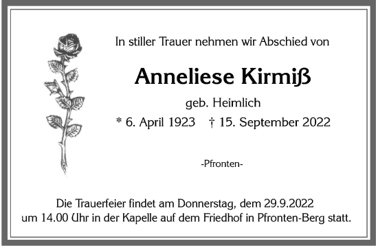 Traueranzeige von Anneliese Kirmiß von Allgäuer Zeitung, Füssen