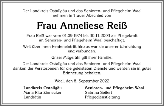 Traueranzeige von Anneliese Reiß von Allgäuer Zeitung, Kaufbeuren/Buchloe