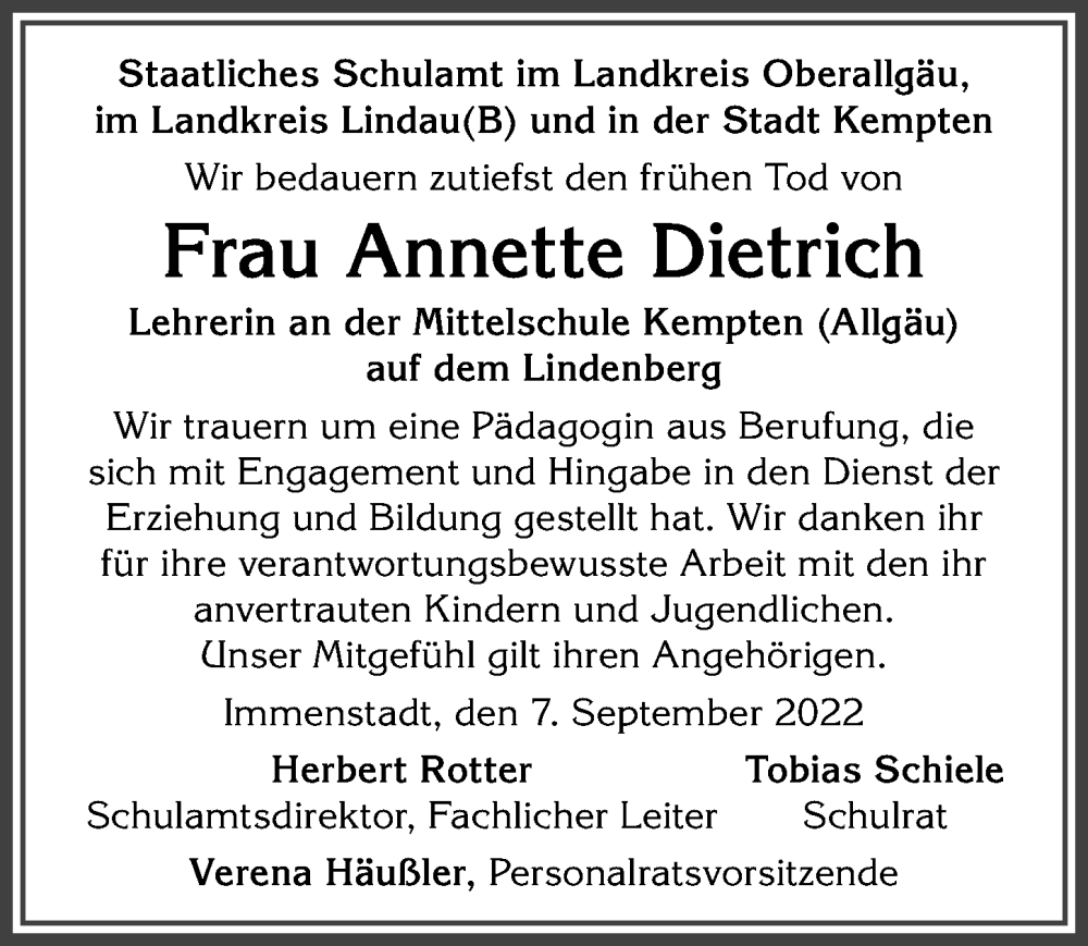  Traueranzeige für Annette Dietrich vom 07.09.2022 aus Allgäuer Zeitung,Kempten