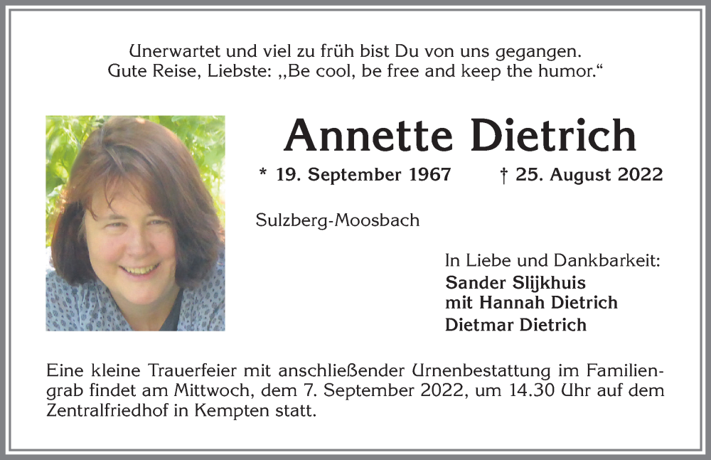  Traueranzeige für Annette Dietrich vom 03.09.2022 aus Allgäuer Zeitung,Kempten