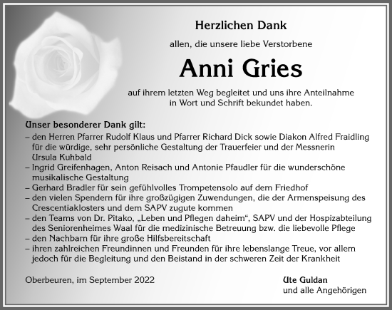 Traueranzeige von Anni Gries von Allgäuer Zeitung, Kaufbeuren/Buchloe