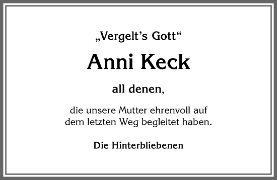 Traueranzeige von Anni Keck von Allgäuer Anzeigeblatt