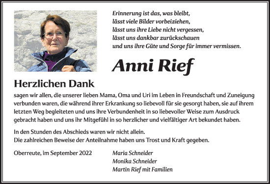 Traueranzeige von Anni Rief von Der Westallgäuer