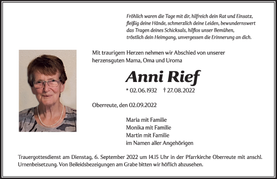 Traueranzeige von Anni Rief von Der Westallgäuer