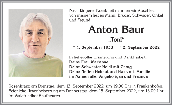 Traueranzeige von Anton Baur von Allgäuer Zeitung, Kaufbeuren/Buchloe