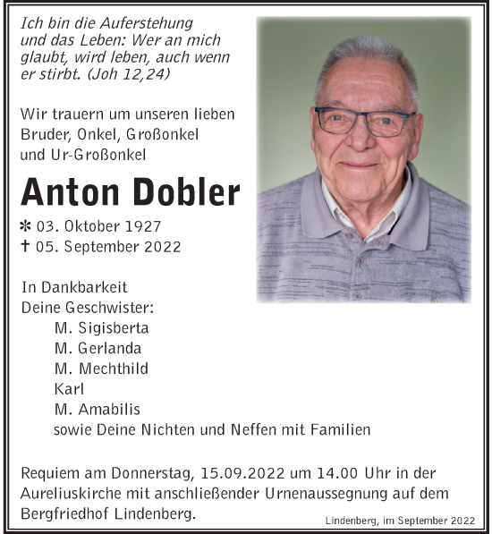 Traueranzeige von Anton Dobler von Der Westallgäuer