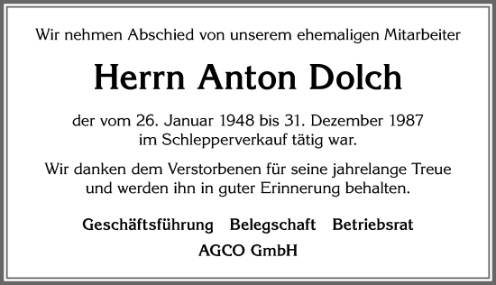 Traueranzeige von Anton Dolch von Allgäuer Zeitung, Marktoberdorf