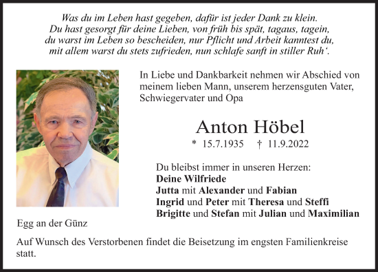 Traueranzeige von Anton Höbel von Memminger Zeitung