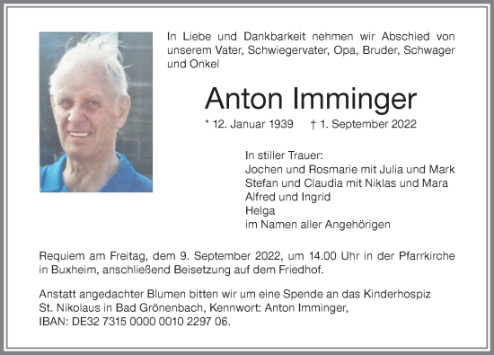 Traueranzeige von Anton Imminger von Illertisser Zeitung, Augsburger Allgemeine