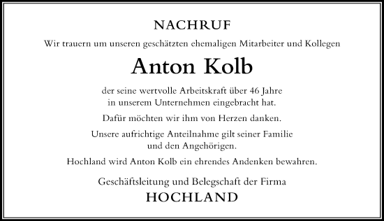 Traueranzeige von Anton Kolb von Der Westallgäuer