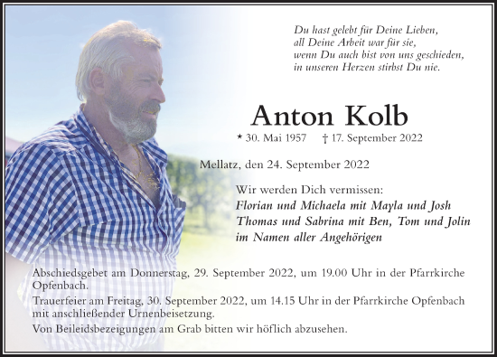Traueranzeige von Anton Kolb von Der Westallgäuer