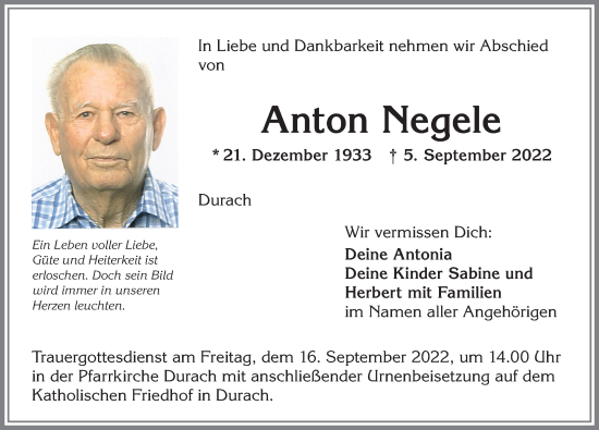 Traueranzeige von Anton Negele von Allgäuer Zeitung,Kempten