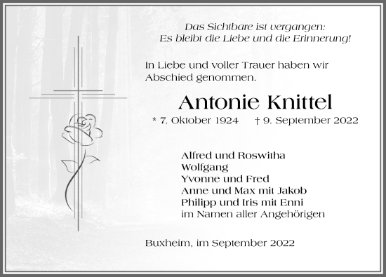 Traueranzeige von Antonie Knittel von Memminger Zeitung