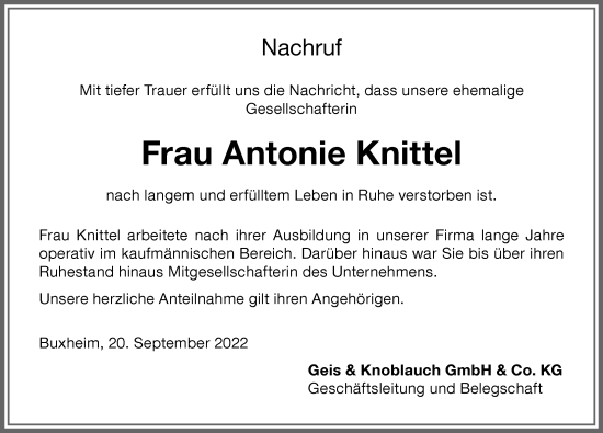 Traueranzeige von Antonie Knittel von Memminger Zeitung