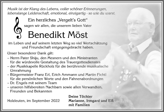 Traueranzeige von Benedikt Möst von Allgäuer Zeitung, Füssen