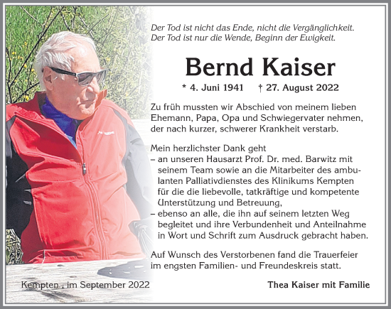 Traueranzeige von Bernd Kaiser von Allgäuer Zeitung,Kempten