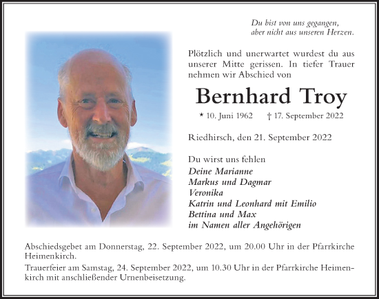 Traueranzeige von Bernhard Troy von Der Westallgäuer