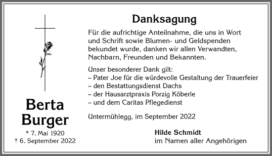 Traueranzeige von Berta Burger von Allgäuer Anzeigeblatt