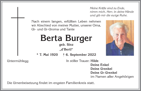 Traueranzeige von Berta Burger von Allgäuer Anzeigeblatt