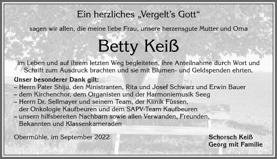 Traueranzeige von Betty Keiß von Allgäuer Zeitung, Füssen