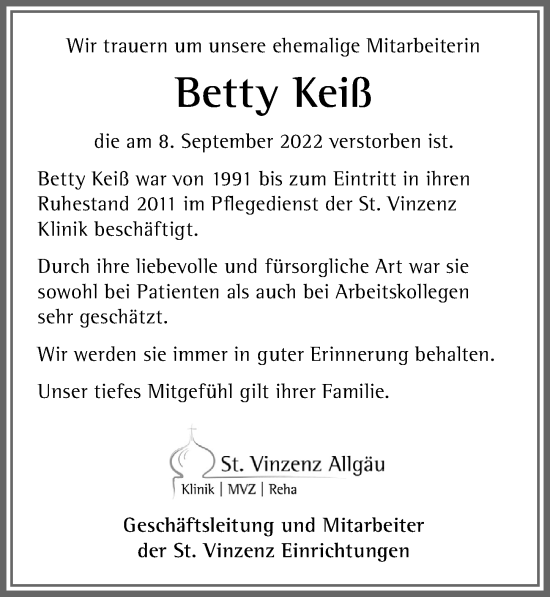Traueranzeige von Betty Keiß von Allgäuer Zeitung, Füssen