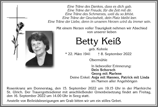 Traueranzeige von Betty Keiß von Allgäuer Zeitung, Füssen