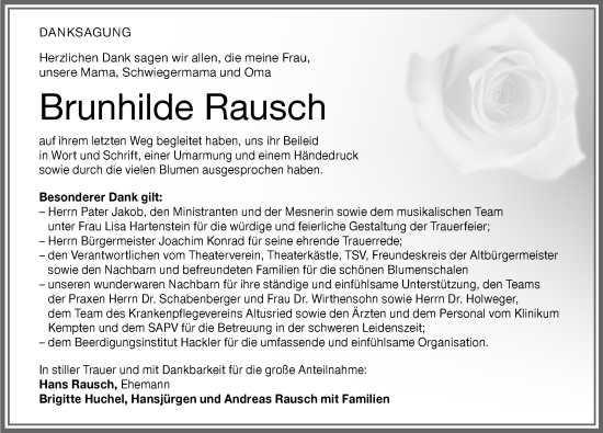 Traueranzeige von Brunhilde Rausch von Allgäuer Zeitung,Kempten