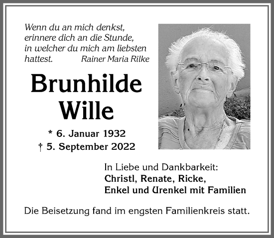 Traueranzeige von Brunhilde Wille von Allgäuer Zeitung,Kempten