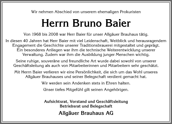 Traueranzeige von Bruno Baier von Memminger Zeitung