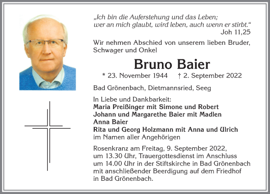Traueranzeige von Bruno Baier von Allgäuer Zeitung,Kempten