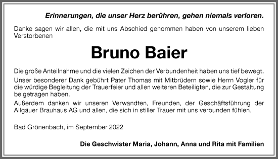 Traueranzeige von Bruno Baier von Allgäuer Zeitung,Kempten