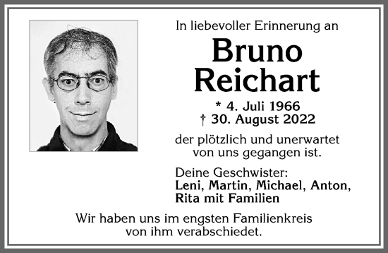 Traueranzeige von Bruno Reichart von Der Westallgäuer