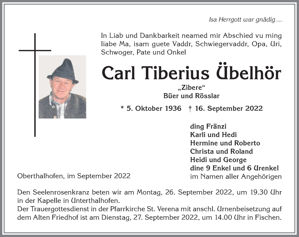  Traueranzeige für Carl Tiberius Übelhör vom 23.09.2022 aus Allgäuer Anzeigeblatt