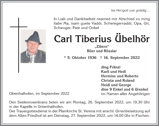 Traueranzeige von Carl Tiberius Übelhör von Allgäuer Anzeigeblatt